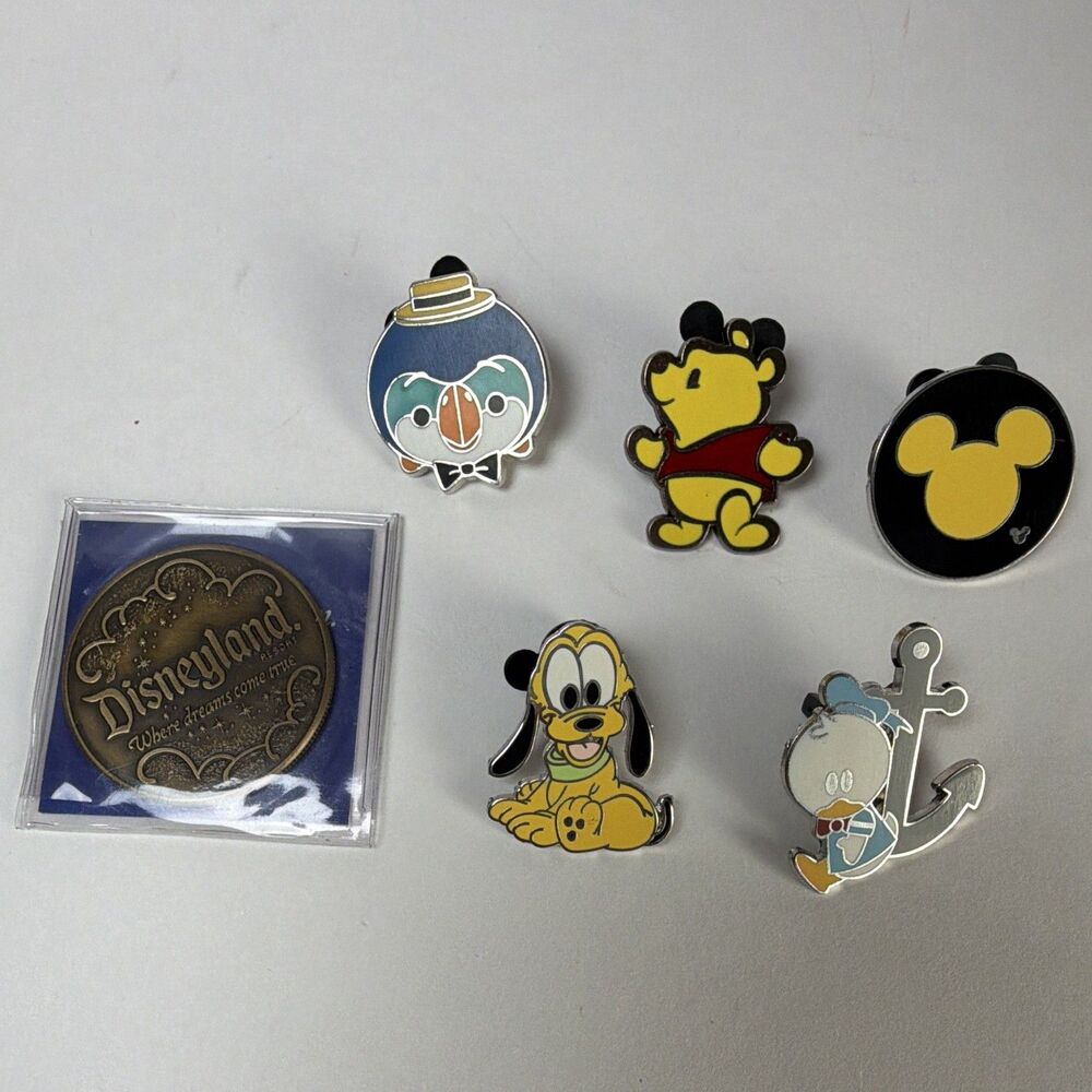 Disney Disneyland Pin Trading Lot 5 + 2007 Resort Coin Mickey Pluto Pooh